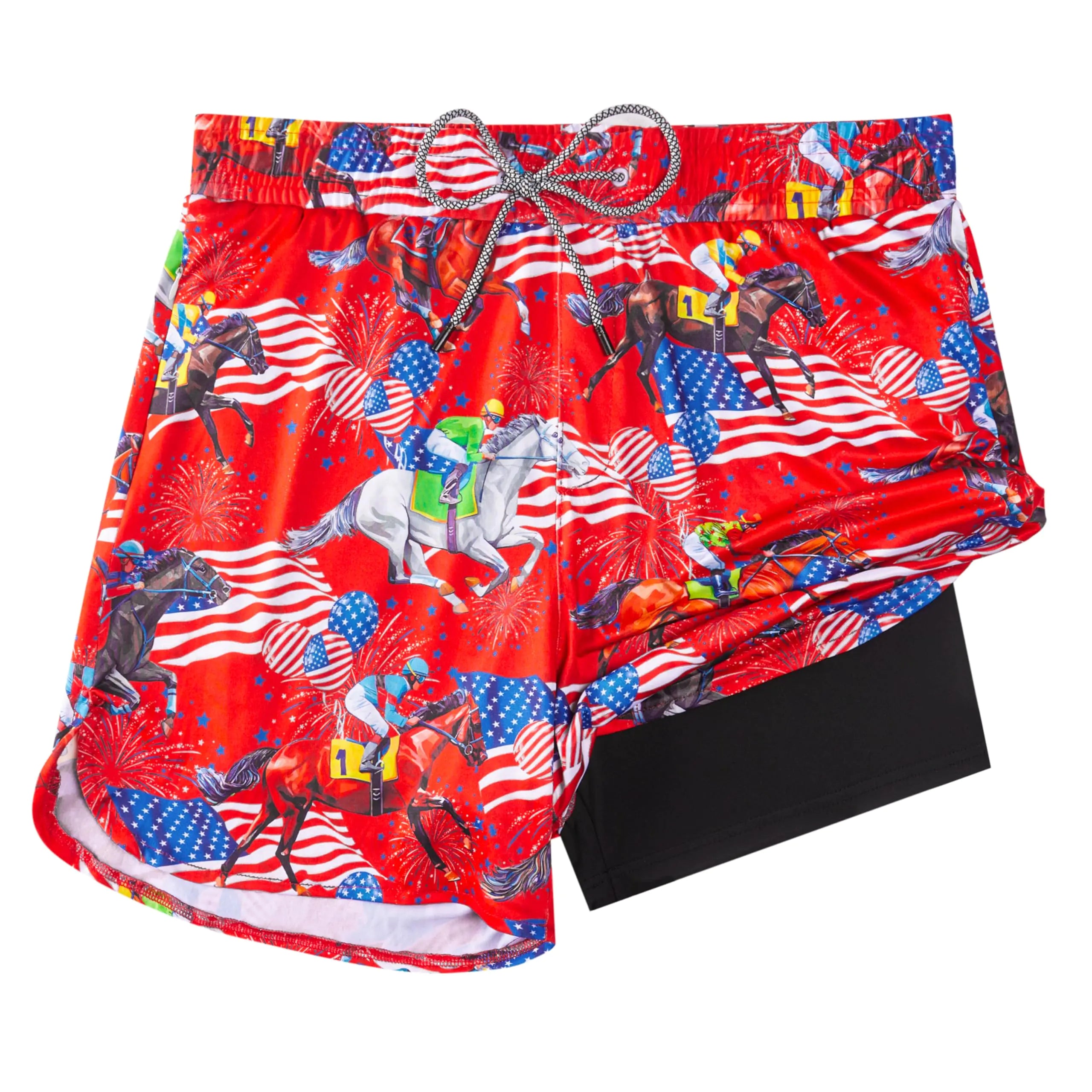 Surfside Essentials Men's Swim Trunks with Compression Liner - 5.5 inch inseam USA Flag Horse Racing Board Shorts