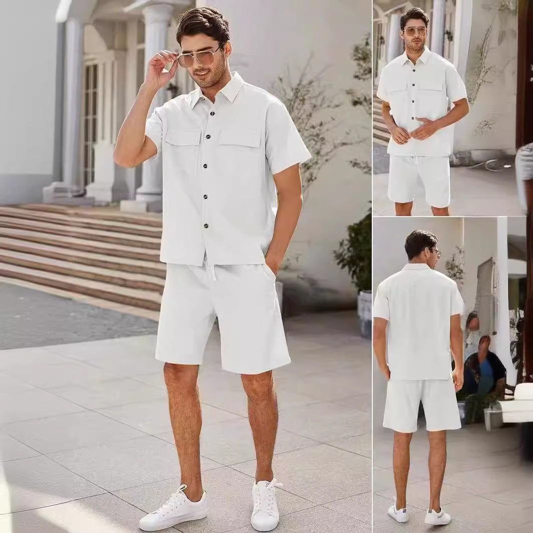 Summer Set - Men Short Sleeve Lapeled Shirt w Pockets And Drawstring Shorts
