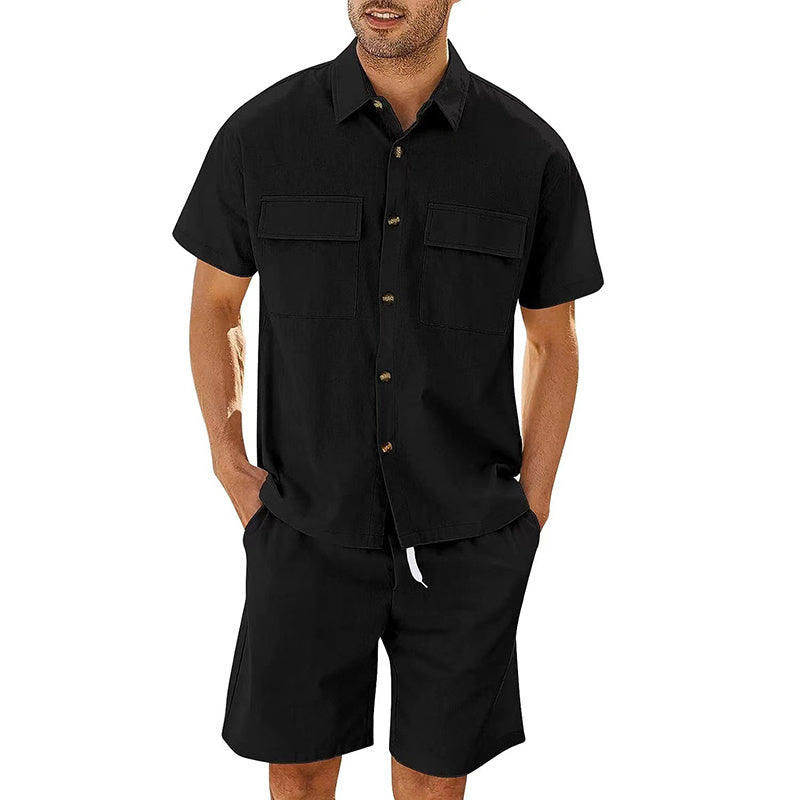 Summer Set - Men Short Sleeve Lapeled Shirt w Pockets And Drawstring Shorts