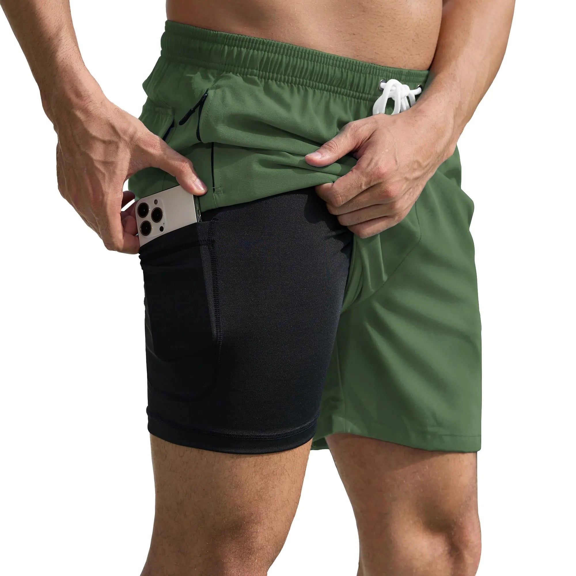 Mens Swim Shorts w Compression lining - Quick Dry with Zipper Pockets Army Green