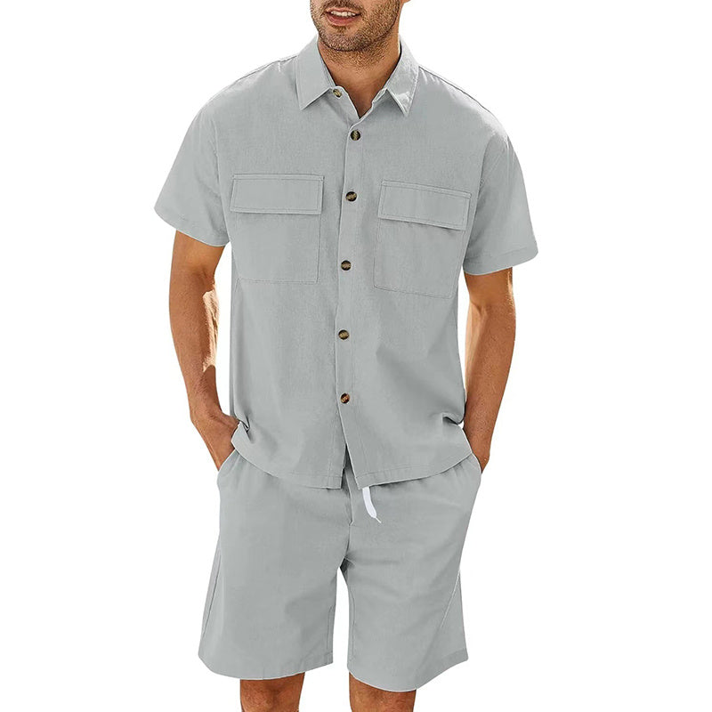 Summer Set - Men Short Sleeve Lapeled Shirt w Pockets And Drawstring Shorts