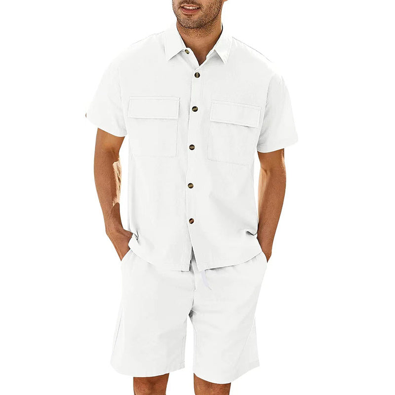 Summer Set - Men Short Sleeve Lapeled Shirt w Pockets And Drawstring Shorts