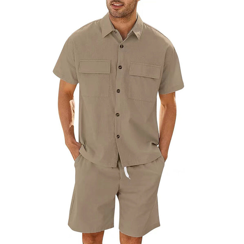 Summer Set - Men Short Sleeve Lapeled Shirt w Pockets And Drawstring Shorts