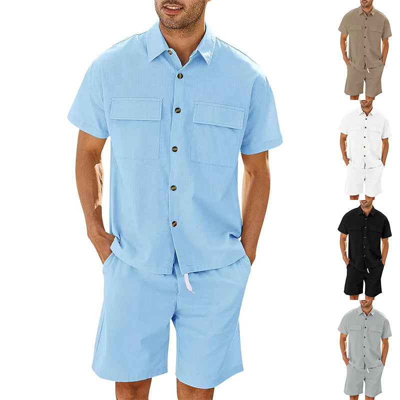 Summer Set - Men Short Sleeve Lapeled Shirt w Pockets And Drawstring Shorts