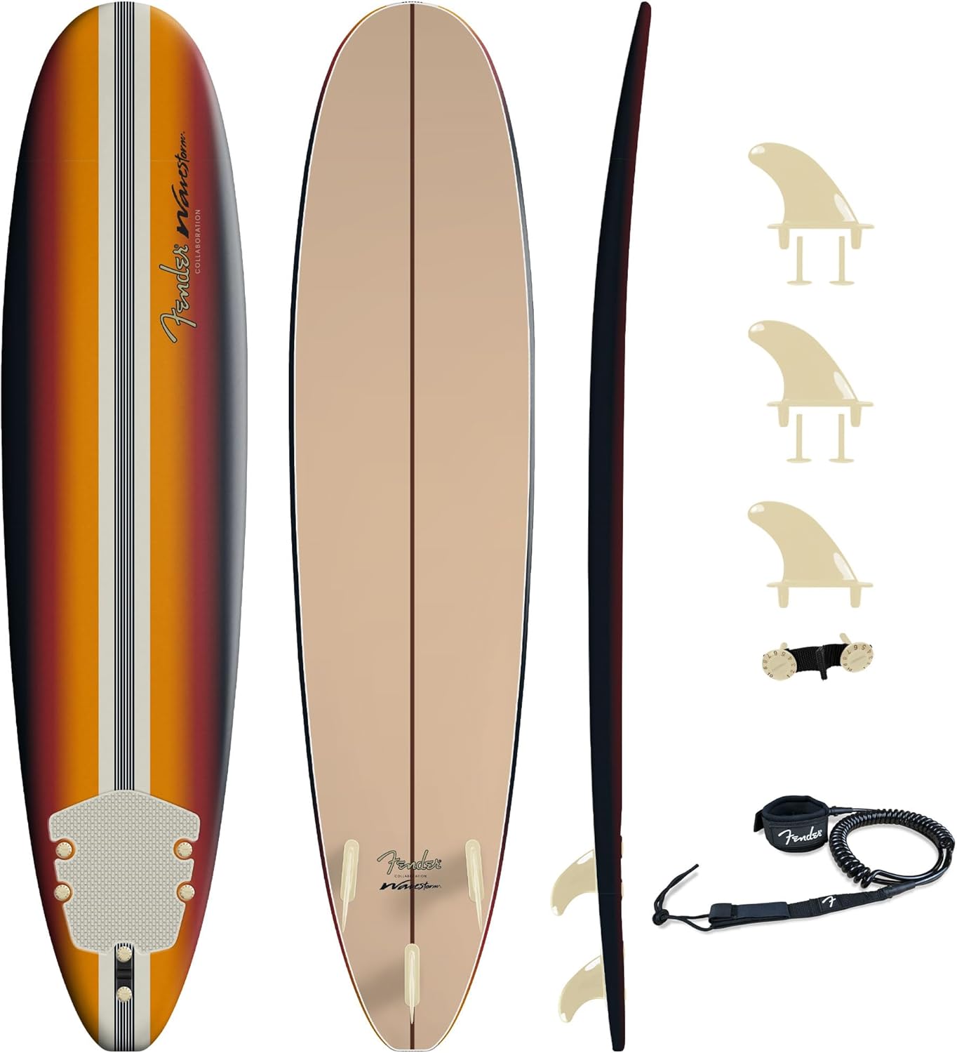 Fender x Wavestorm Collaboration 8ft Surfboard | Graphic top Deck with high Density Slick Bottom | for Kids and Adults | Foam Construction with Accessories | Leg Leash and Fin Set Included