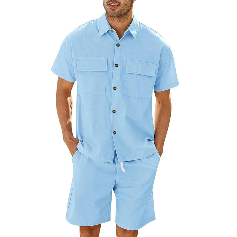 Summer Set - Men Short Sleeve Lapeled Shirt w Pockets And Drawstring Shorts